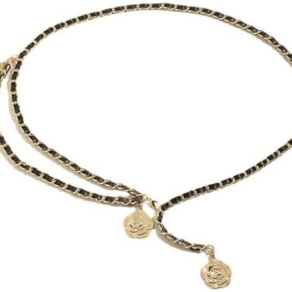 NWT Black and Gold Chain Belt Multilayer w/ Camellia Flower Pendants - Picture 3 of 5